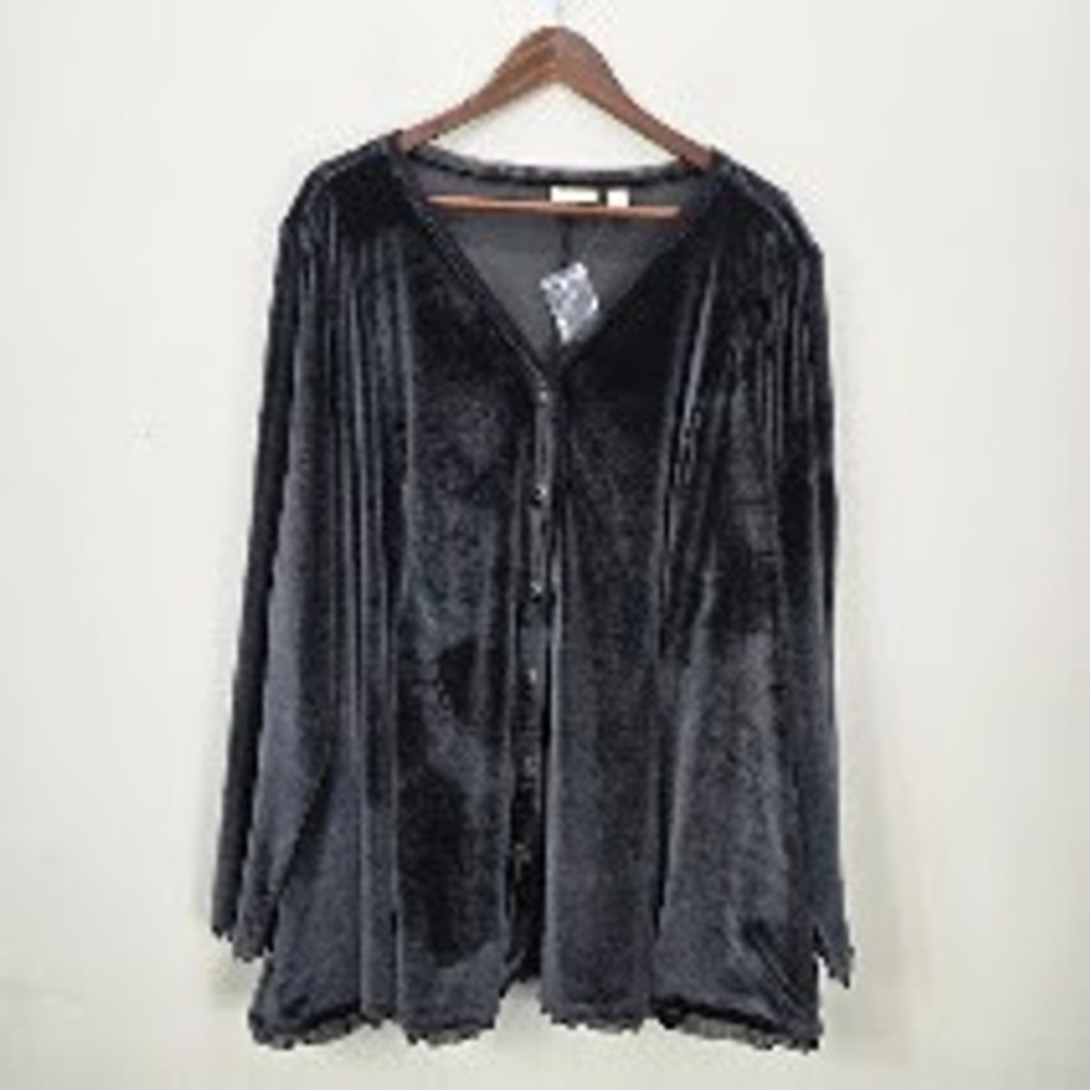 LOGO Lori Goldstein Lavish Velvet Button Up Top 3X Black V-Neck Formal NWT
